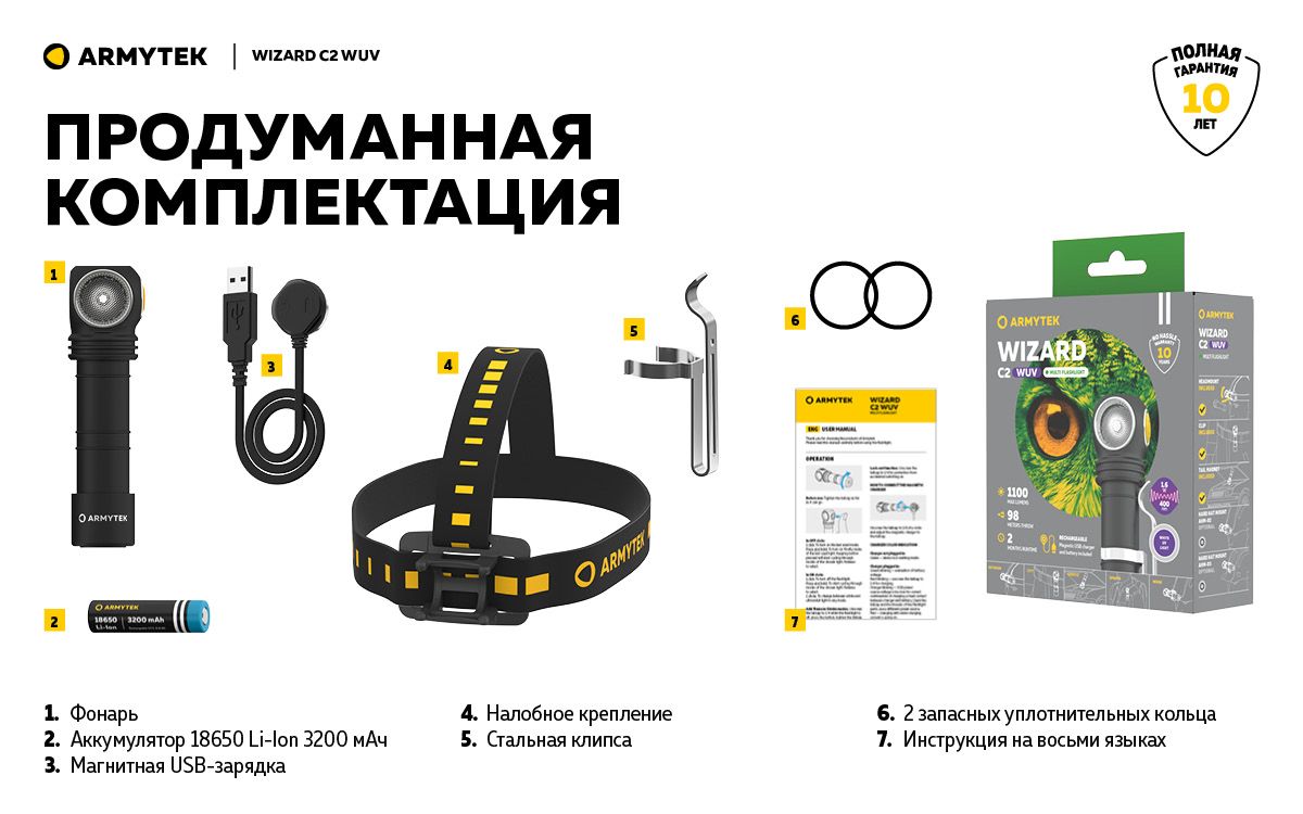 Мультифонарь светодиодный Armytek Wizard C2 WUV Magnet USB F08901UF, 1100 люмен, 1595 мВт, белый/ультрафиолетовый свет - фото